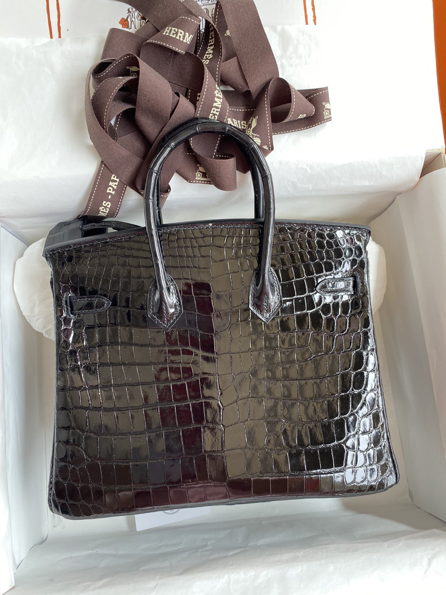 Hermes Birkin 25CM Handmade Bag In Black Crocodile Niloticus Shiny Skin